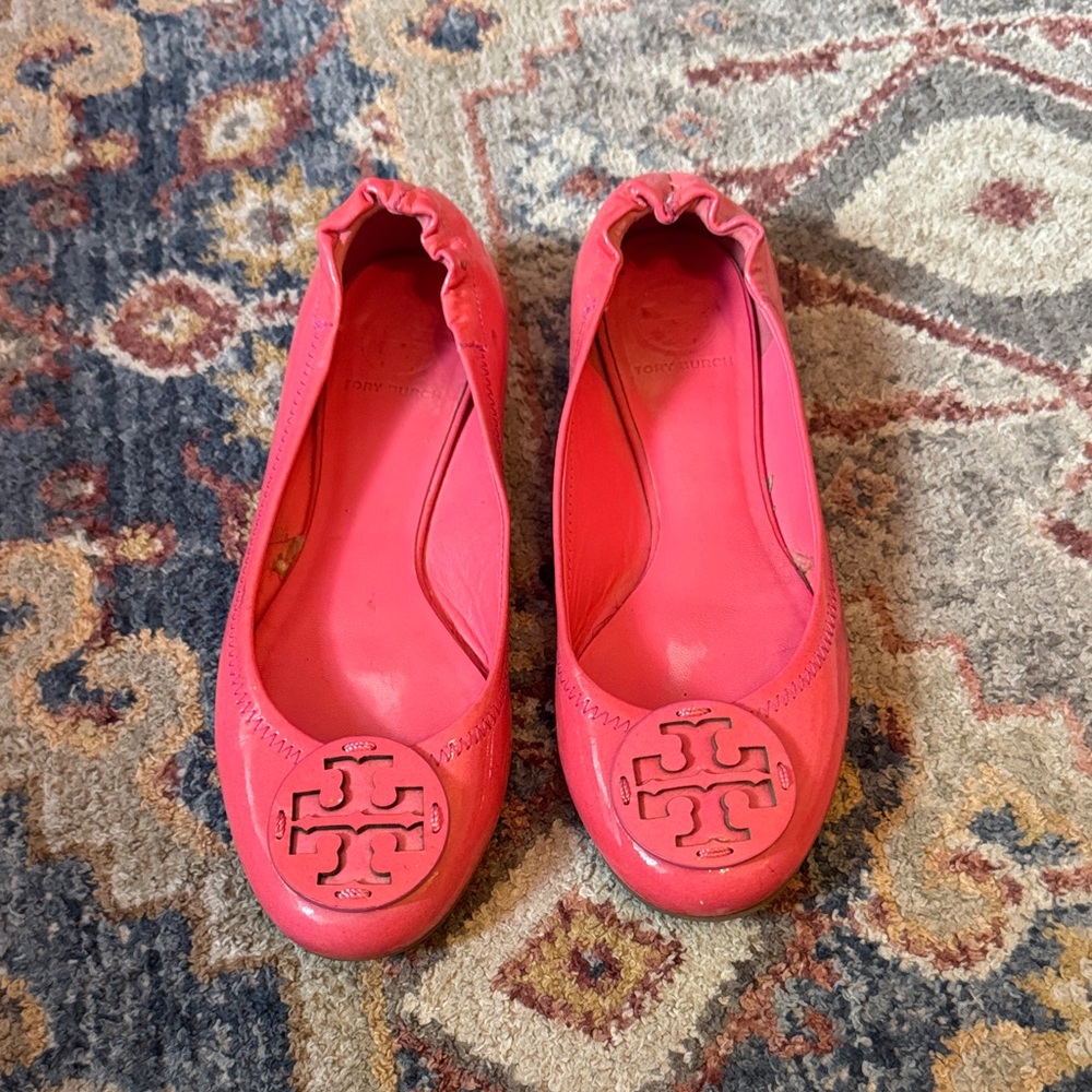 Tory Burch Pink Leather Logo Ballet Flats